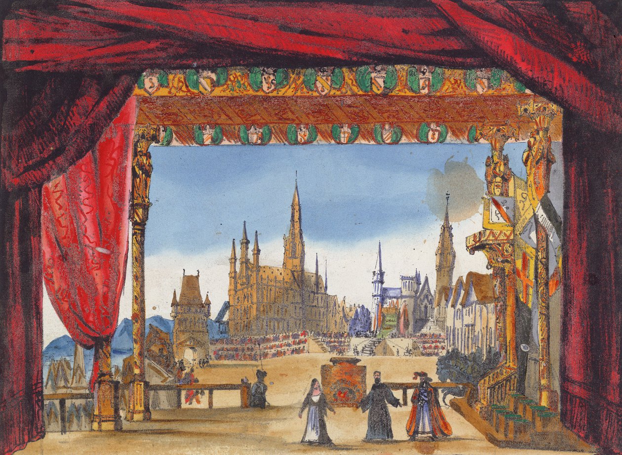 Scenedesign til akt V af La Juive, første gang opført i Paris Opera den 23. februar 1835 (wc på papir) af French School