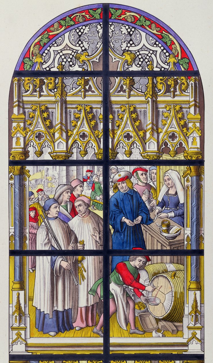 Glasmaleri fra Tournai-katedralen, der illustrerer de skatter, der opkræves på øl og vin af biskopperne i Tournai af French School