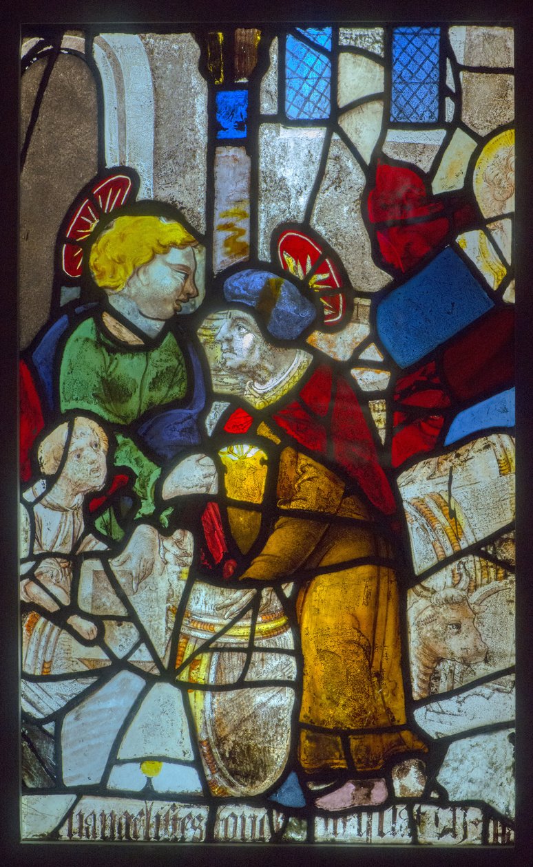 Glasmaleri, evangelisterne opbevarer tønderne (tema for den mystiske presse) af French School