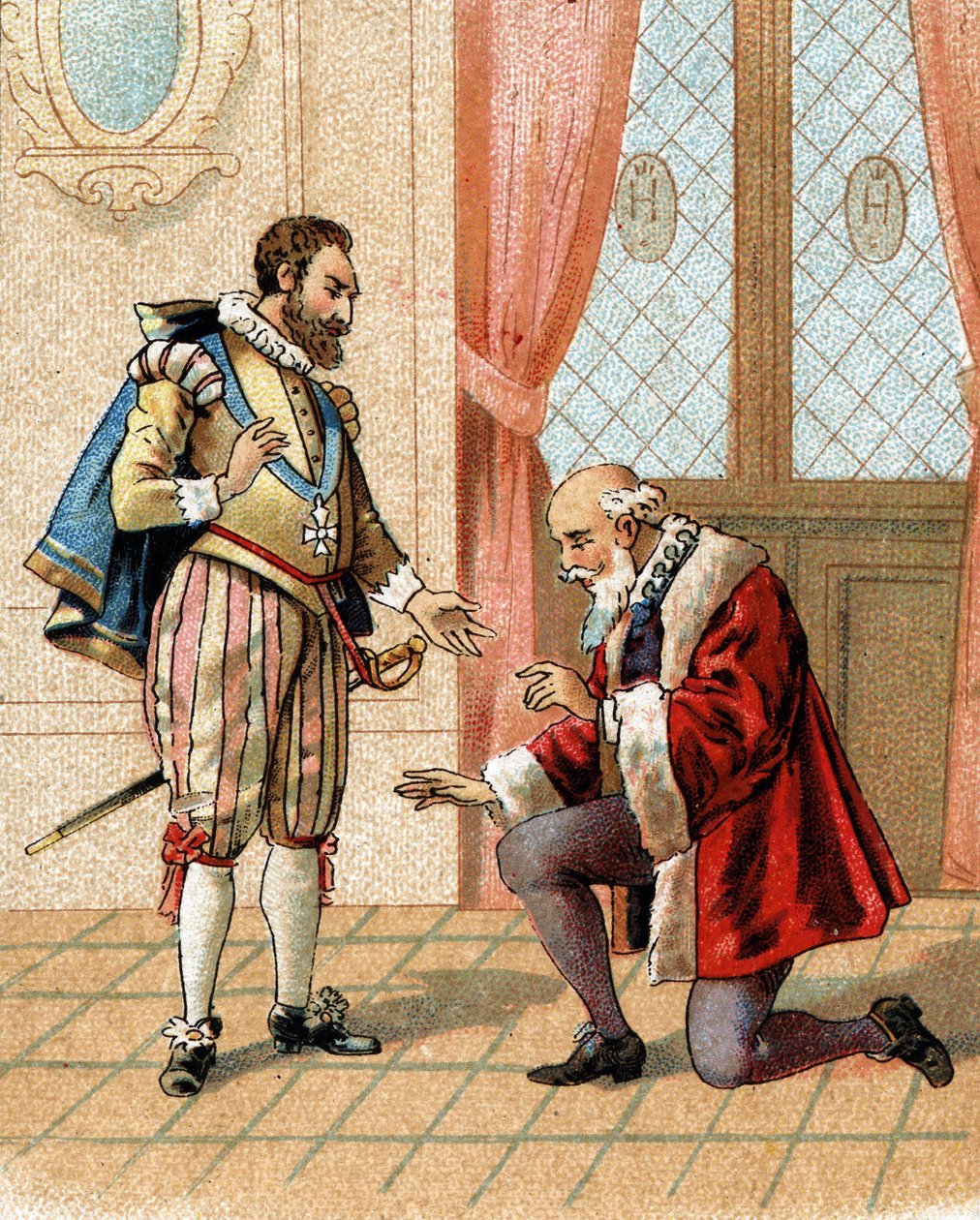 Rejs dig, min ven, dine fjender vil sige, at jeg tilgiver dig, sagde kong Henrik IV til Maximilian af Bethune (hertug af Sully) (1559-1641) i 1598, som havde knælet ned efter en livlig diskussion. af French School