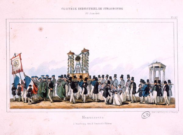 Start på tømrernes procession i Strasbourg, 25. juni 1840 (farve litografi) af French School