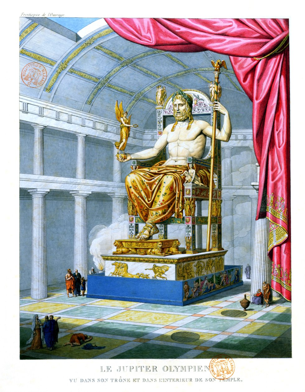 Statue af den olympiske Zeus på sin trone inde i sit tempel ved Olympus, 1814 af French School