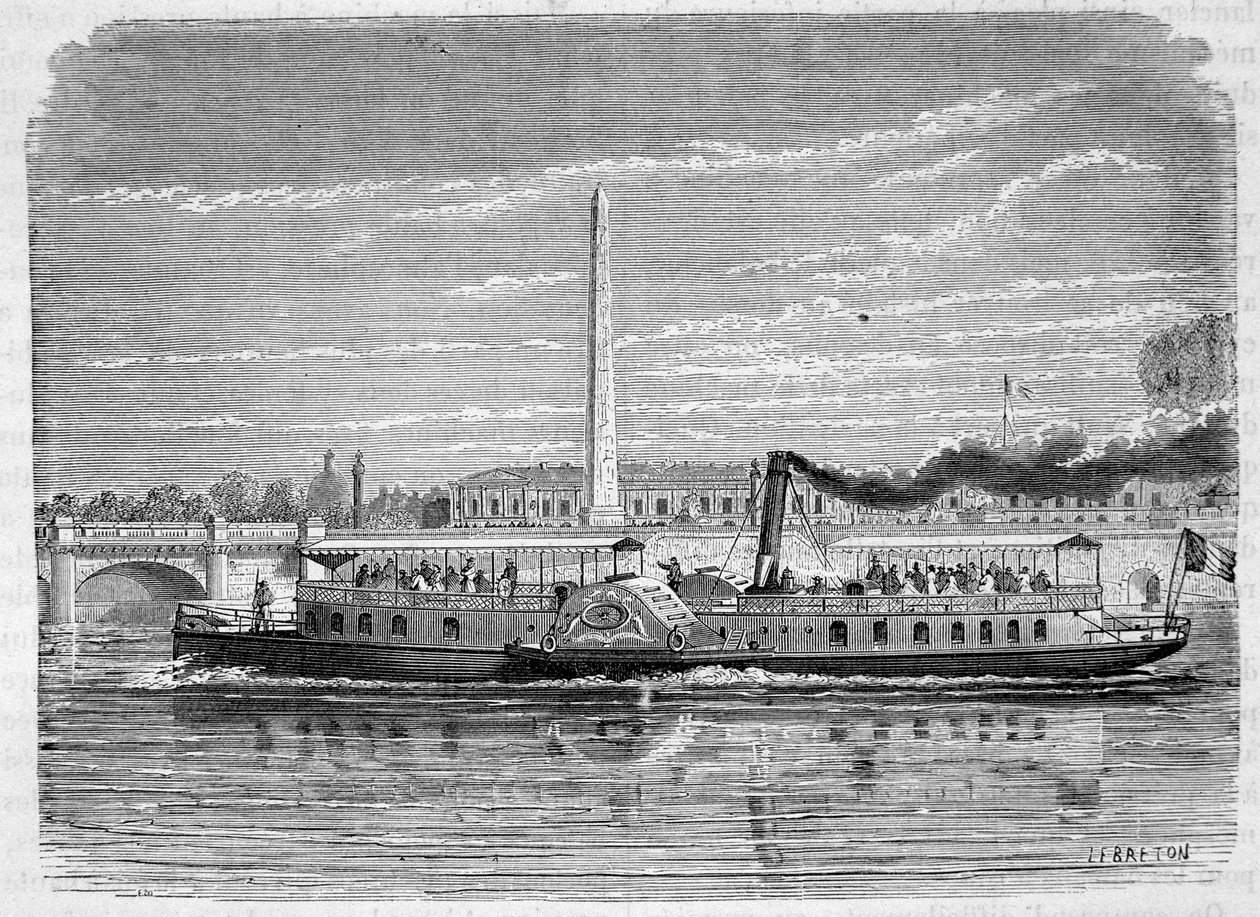 Dampbåd (hjulet) beregnet til at udføre omnibustjenesten på Seinen i Paris under verdensudstillingen i 1867 - gravering, slutningen af det 19. århundrede af French School