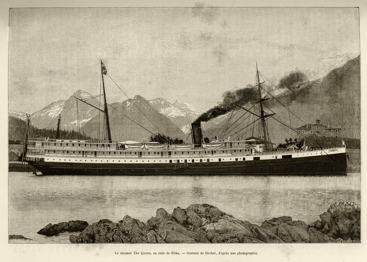 Steamer The Queen, i havnen i Sitka (Alaska, USA). Indgravering af Bocher, i 1890, i Le tour du monde, nouveau journal des voyages, redigeret af Edouard Charton (1807-1890), 2. semester 1891, udgave Hachette, Paris. af French School