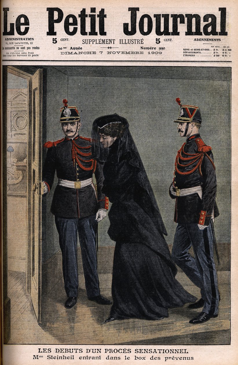 Steinheil-sag: Marguerite Steinheil (1869-1954) på vej ind i sagsøgtes kasse - Le Petit Journal, 7. november af French School