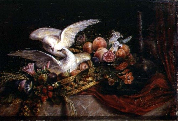 Stilleben med to hvide duer, ca. 1840 (akvarel på glas) af French School