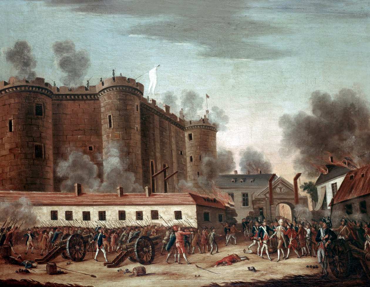 Storming of the Bastille, 14. juli 1789 (olie på lærred) af French School
