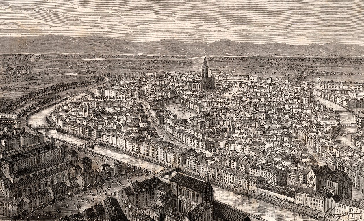 Strasbourg - Bas-Rhin, i Alsace - indgravering i "La France illustrée: geografi, historie, statistisk administration" af V.A. Malt-Brown. 1884 af French School