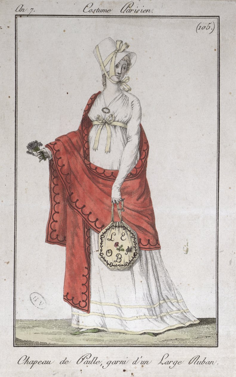 Stråhat med bånd, modetallerken fra Costumes Parisiens, 1799 af French School