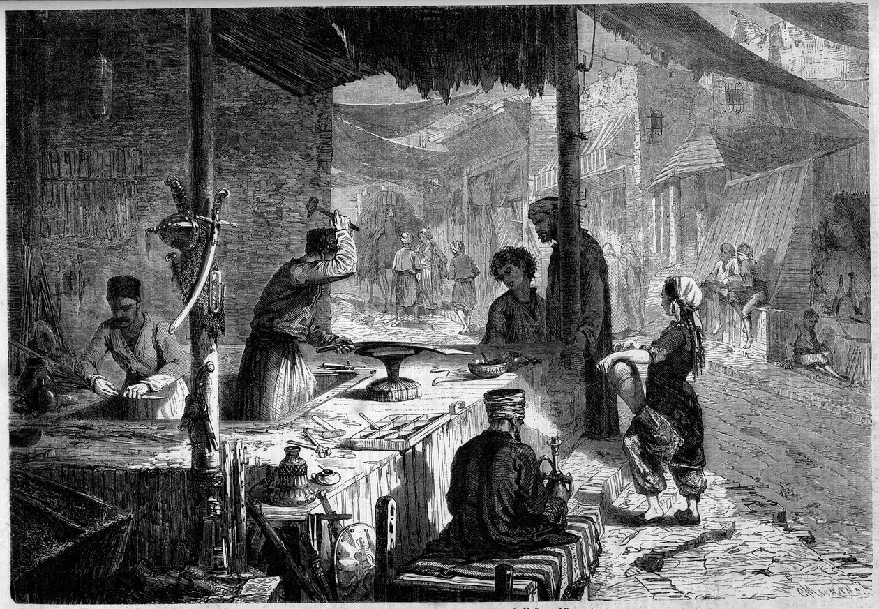 Street Metier: en damasquineur-våbensmed i gaderne i Trebizonde, Tyrkiet af French School