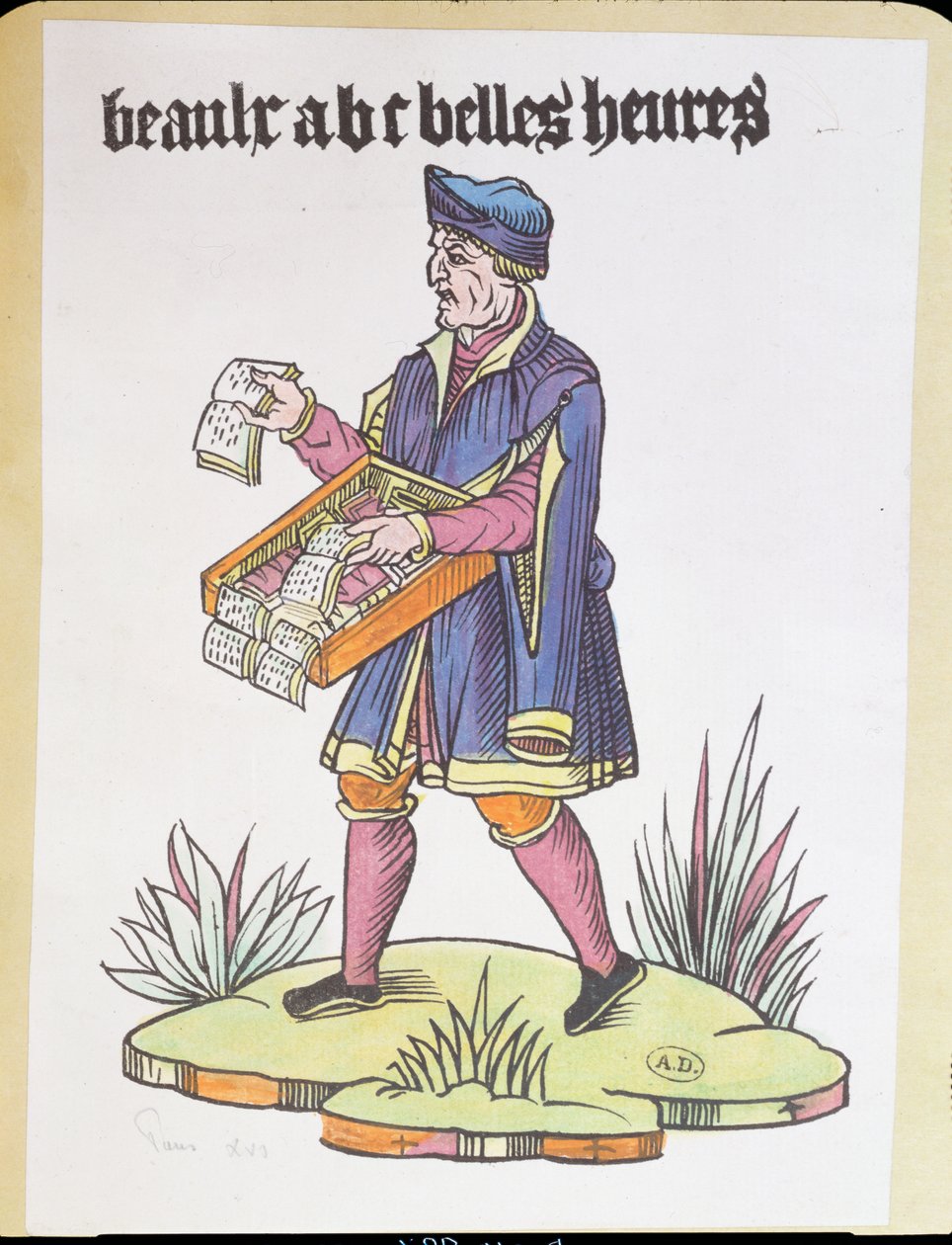 Gadehandler, der sælger alfabet-primere og bøger, fra Cris de Paris, ca. 1515 (farvet træstik) af French School