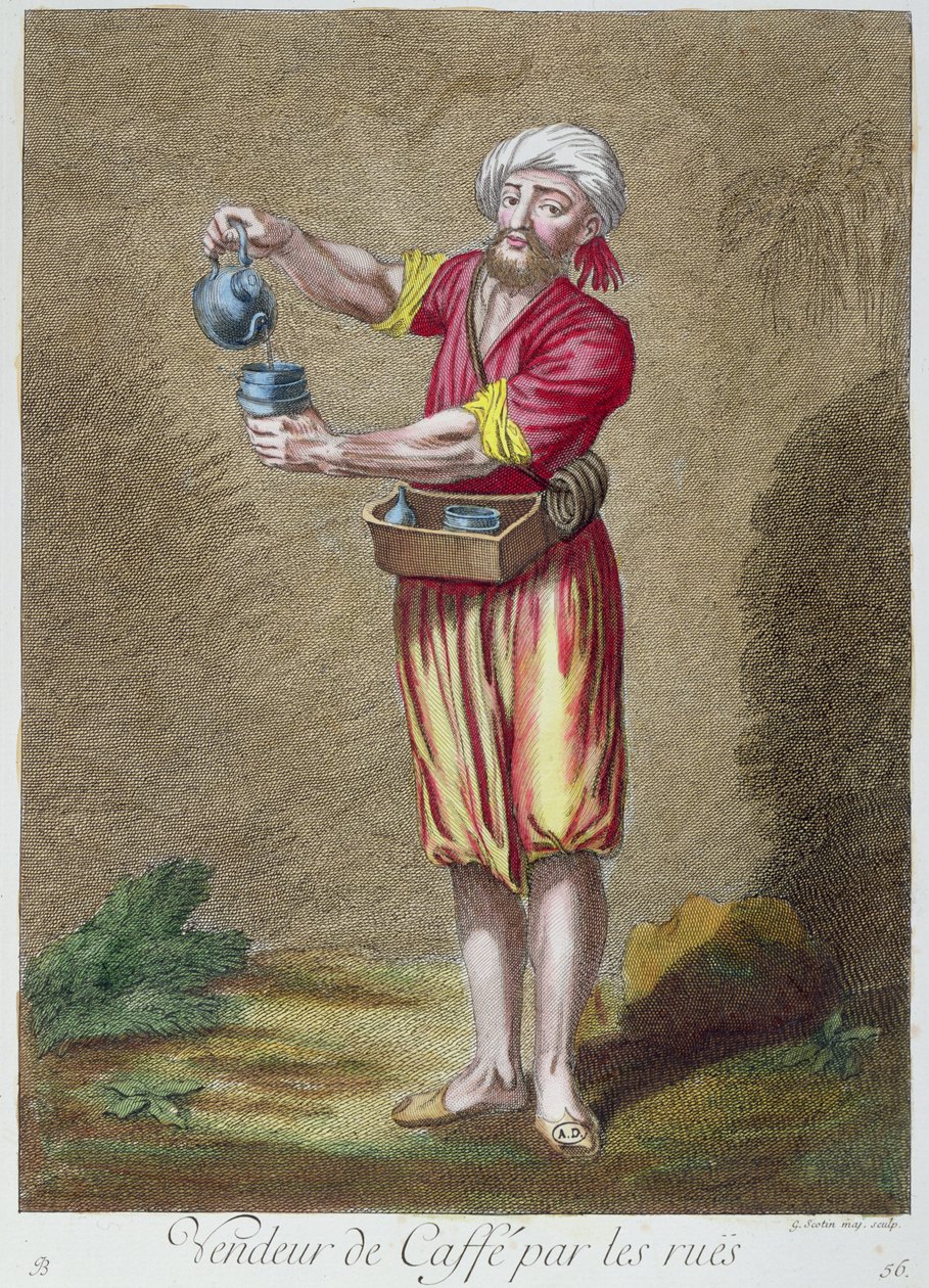 Gadehandler, der sælger kaffe, fra samlingen af tryk af kostumer fra Levanten, indgraveret af G. Scotin, 1707-08 af French School