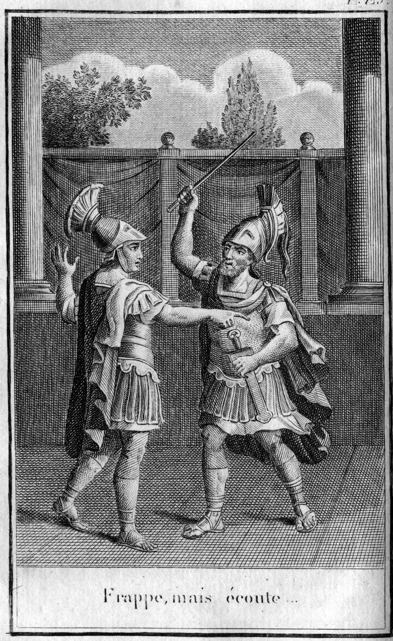 Slå til, men hør, svar lavet af Alcibiades (450-404 f.Kr.), athensk statsmand og strateg på truslerne fra Eurybiades. I "" Skønheder fra oldtidens historie eller mindeværdige fakta og ordsprog fra store mænd"" af French School