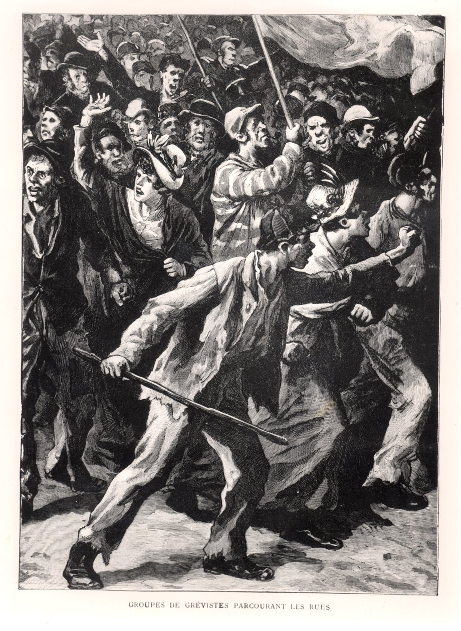 Strejkere demonstrerer på gaderne i Chicago under Pullman-optøjerne i 1894, ca. 1895 af French School