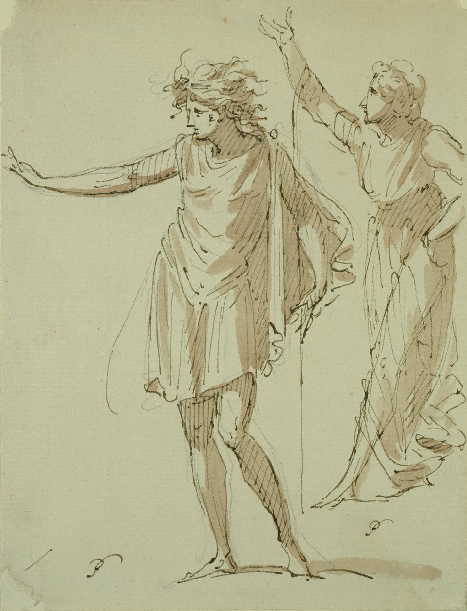 Studie af to klassisk draperede figurer, ca. 1790 (pen & blæk og vask på papir) af French School