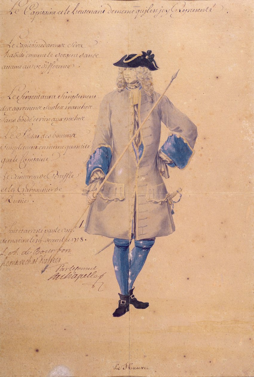 Studie af uniformen til en marinesoldat udstationeret i Le Havre, 1718 (blyant, kropsfarve og wc på brunt papir) af French School