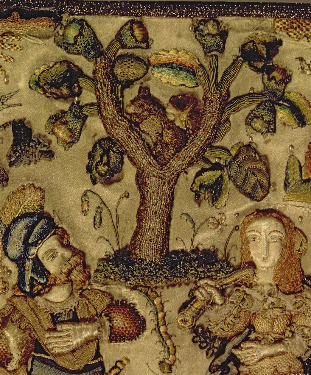 Stubværk, der forestiller et par under et træ, detalje fra låget af en kiste (silke) af French School