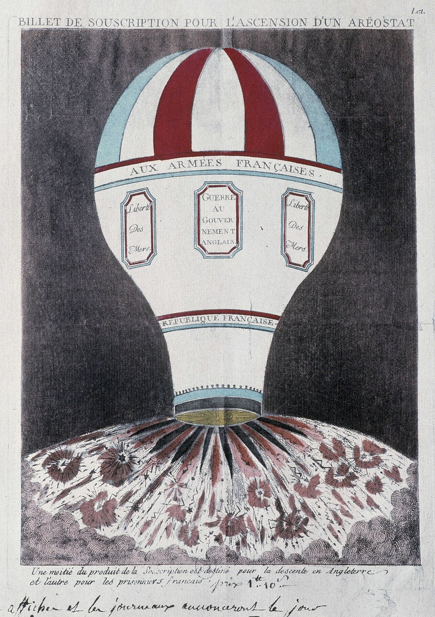 Abonnementsbillet til fremkomsten af en aerostat for at invadere England, deb. 19. århundrede af French School