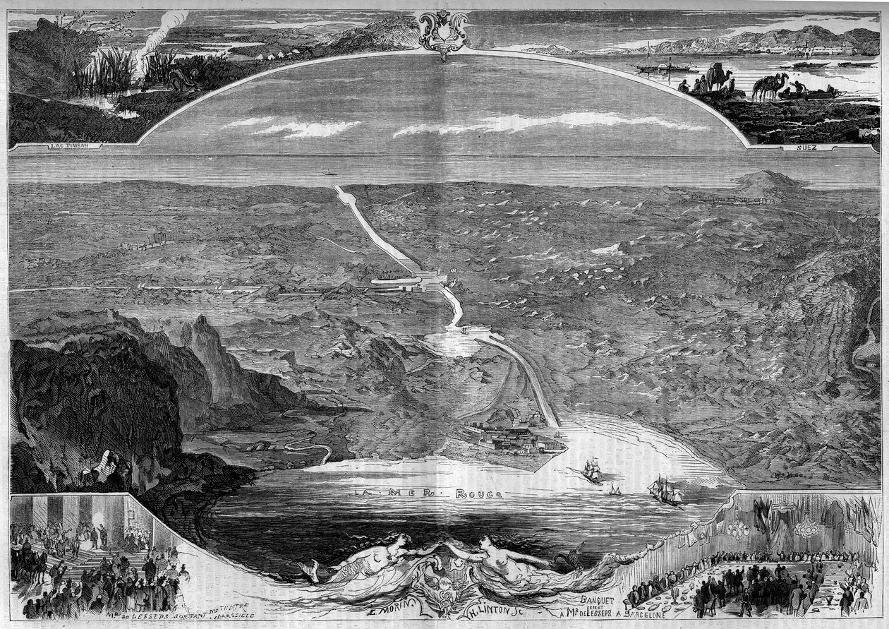 Suez-kanalen: panoramaudsigt over hullet i Isthmus of Suez (Egypten), som blev bygget i 1859. Indgravering af Morin i "" The Illustrous World"" nr. 84 af 20. november af French School