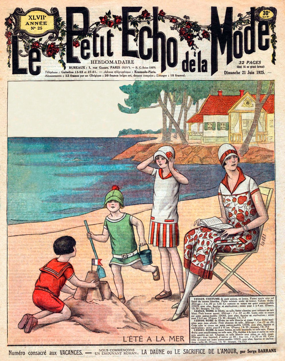 Sommer ved havet, kvinde med sine tre børn på stranden af French School