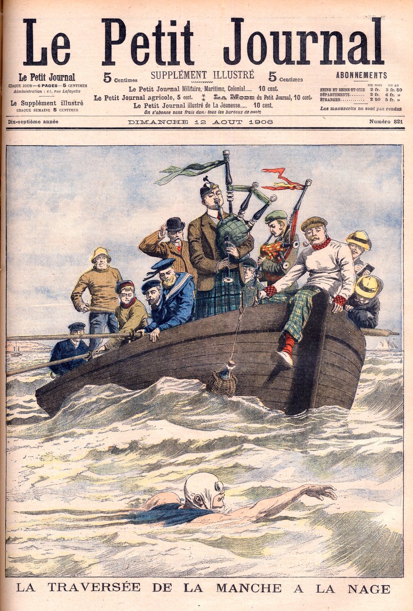 Svømning den engelske kanal. Engelske Jabez Wolffe gør det første af sine 22 mislykkede forsøg på at svømme over Kanalen. La traversée de la manche a la swim af Jabez Wolffe (1877-1943) - Illustration til Le petit Journal af French School