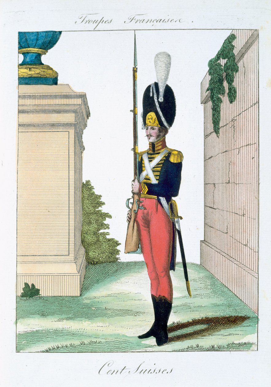 Swiss Centurian, fra Troupes Francaises, pub. i Basset, Paris, ca. 1790 af French School