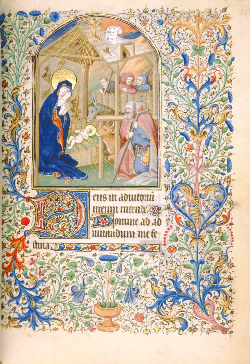 T.2629 Ms 63 f.55r Fødselen (brug af Paris) c.1460 af French School