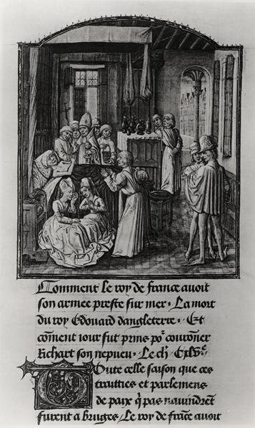 T.2 Fol.111 The Death of Edward III, King of England på Shene Castle, fra Froissarts Chronicle, slutningen af det 15. århundrede (vellum) (s/h-foto) af French School