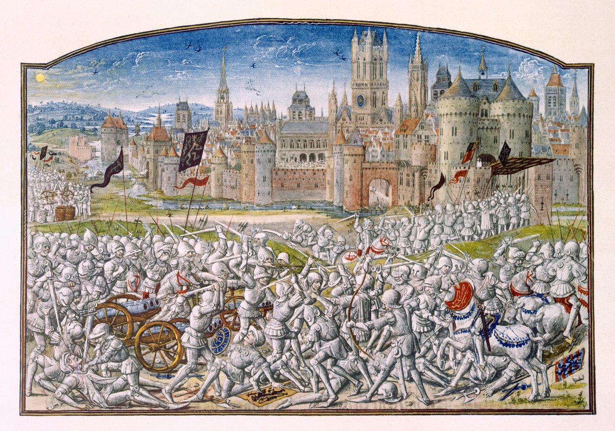T.2 fol.287 Gents indbyggeres sejr ledet af Philipp van Artevelde før Brugge i 1381, fra Froissarts Chronicle, 1472 af French School