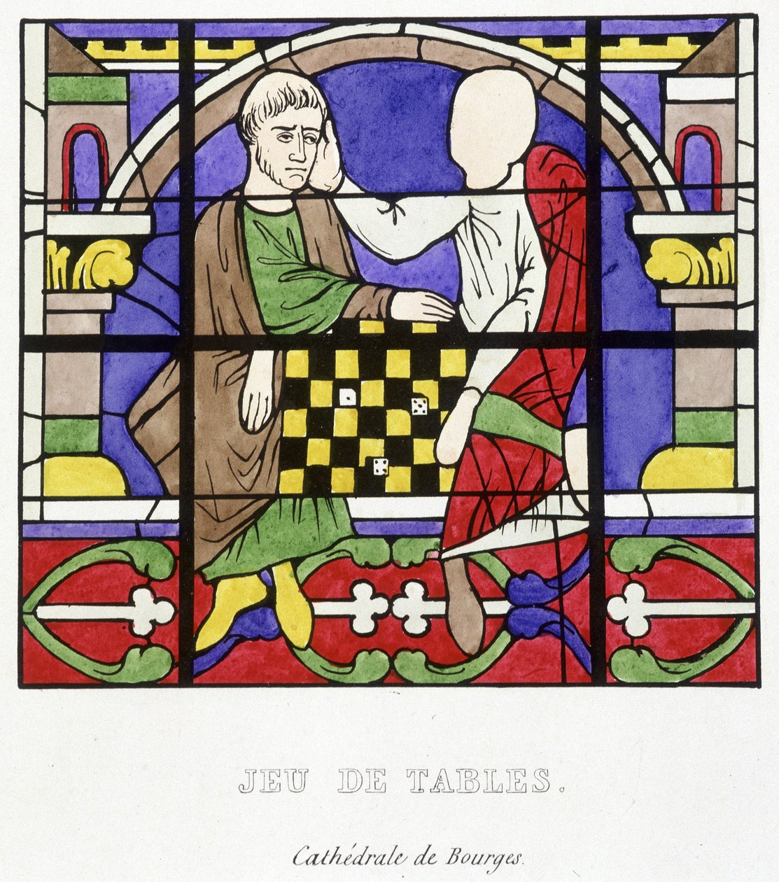 Bordspil. Faksimile af et farvet glas fra middelalderen i "Histoire de la peinture sur verre"" af Ferdinand de Lasteyrie af French School