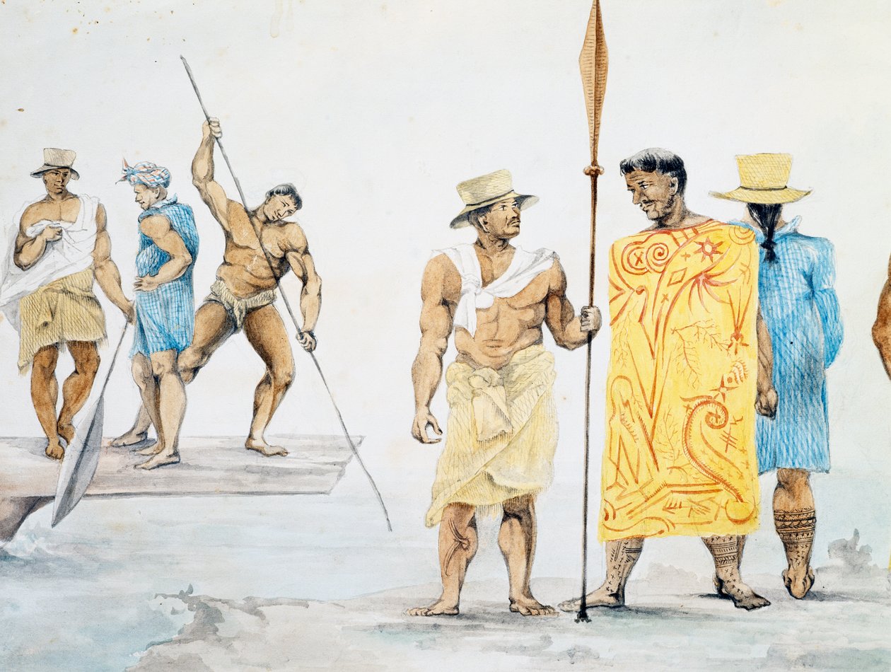 Tahitianske høvdinge, der går ombord på Coquille, designet af Jules-Louis Lejeune, baseret på Voyage around world af French School