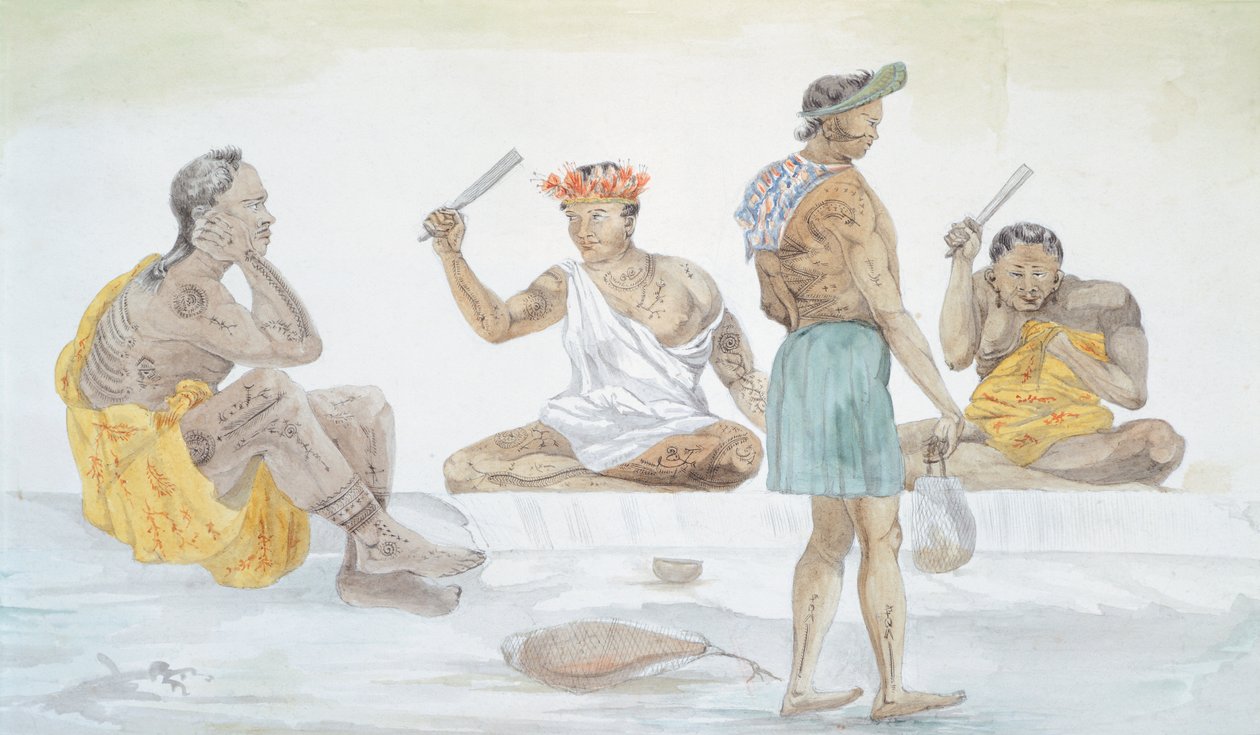 Tahitiske stofslagre af LF Lejeune fra Louis I Duperreys rejse (1822-1825), Polynesien 1800-tallets akvarel af French School