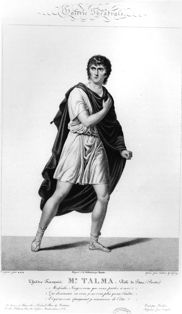 Talma i romersk dragt som Titus i en produktion i Paris i 1793 af Voltaires tragedie, Brutus, 1812 af French School