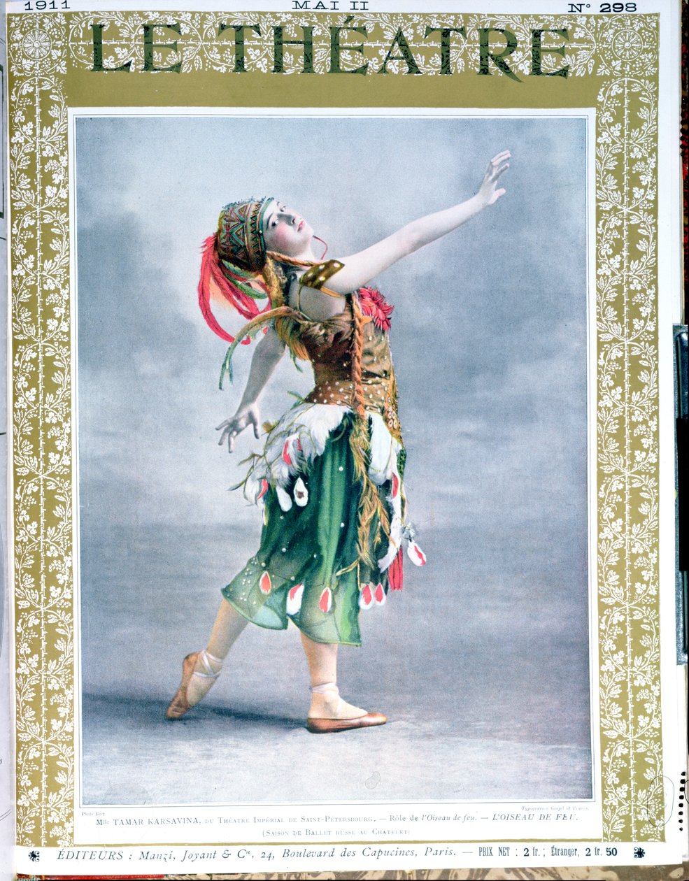 Tamara Platnovna Karsavina (1885-1978) som Ildfuglen af Igor Stravinsky (1882-1971) fra forsiden af magasinet Le Theatre, maj 1911 af French School