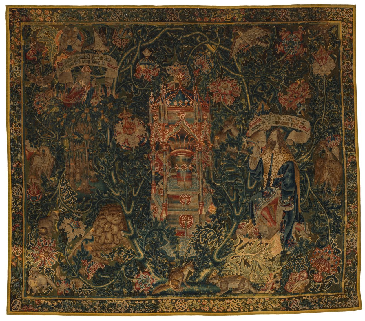 Tapestry, Jumala, Isä ilmestyy Moosekselle (yksi kuudesta Sibylistä, jotka sisältävät 46.134-46.139), nimeltään "Rothamsted Tapestries", valmistettu Flanderissa, Tourneissa tai Brysselissä, Belgiassa, noin 1530 (villa) af French School