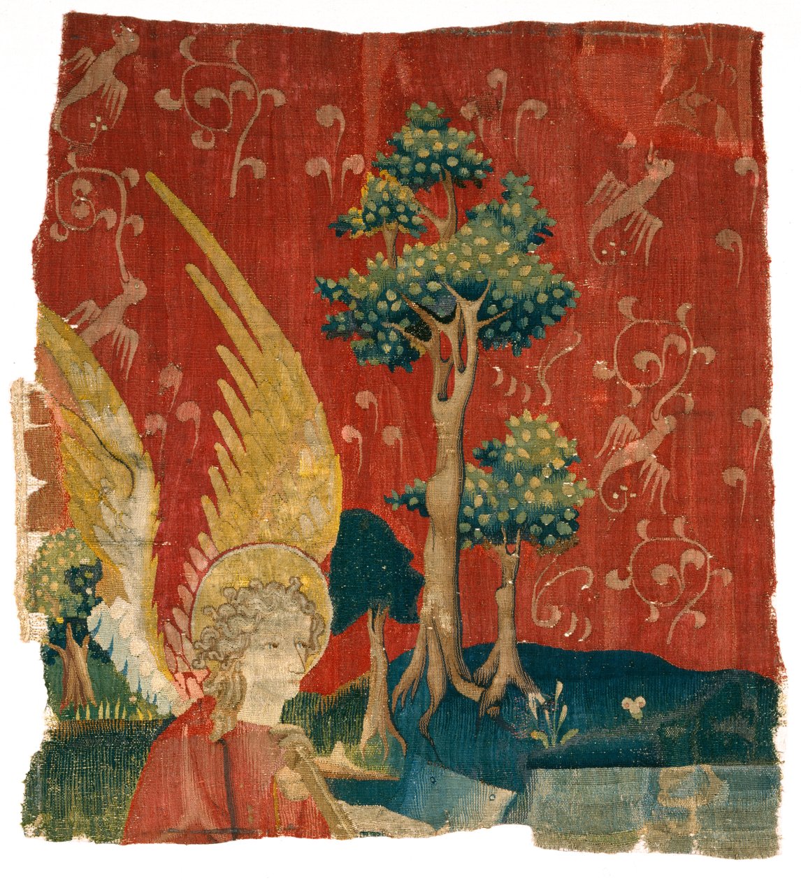 Gobelinfragment, der forestiller en engel i et landskab, fra Angers Apokalypse, 3. kvartal af det fjortende århundrede (uld) af French School