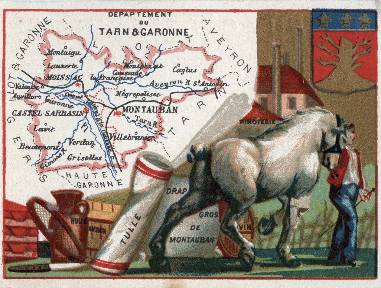 Tarn et Garonne (82), Mid-Pyrénées, Frankrig. Lokal specialitet: olie, stivelse, tyl, engros Montauban-plader, vin- og melmølle. Serie om de franske departementer. Chromolithography (Chromo) "" den geografiske tråd"", cir af French School