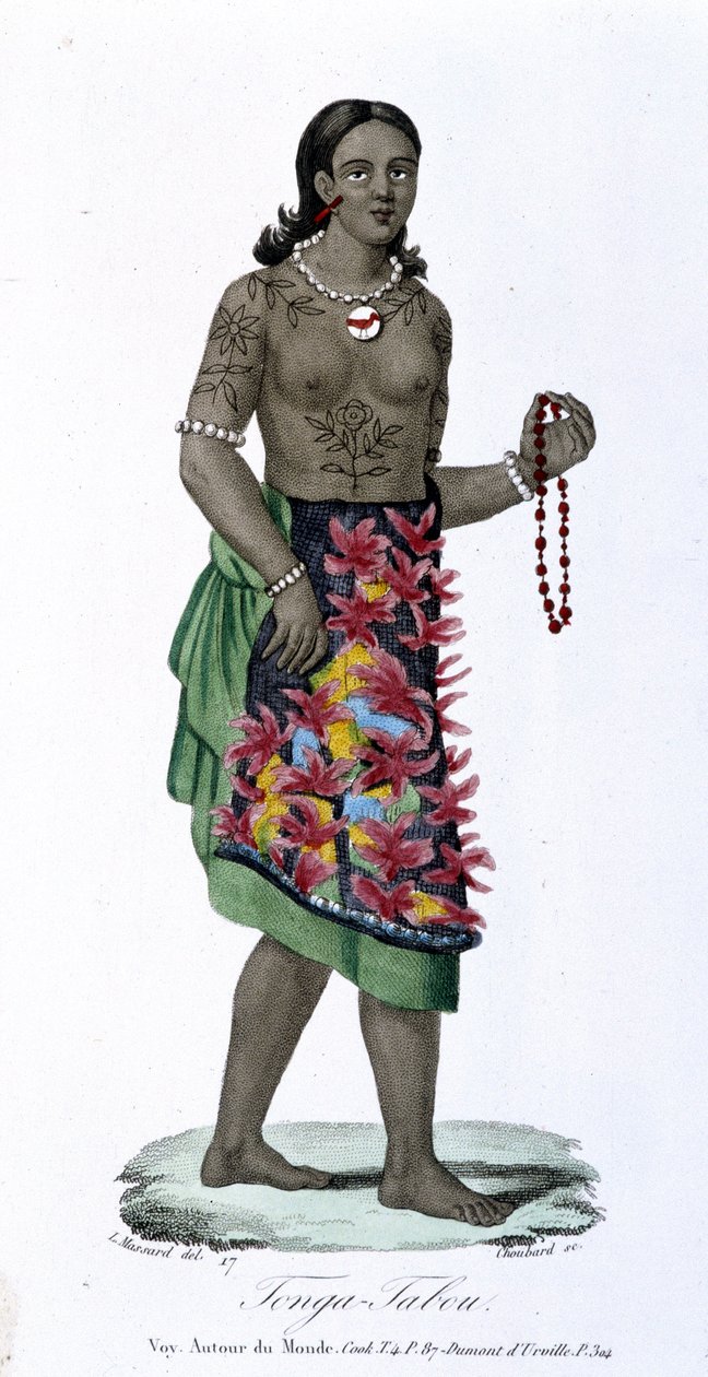 Tatoveret kvinde fra Tonga-Tabou - i ""Bibliotheque Universelle des Voyages"" af Albert-Montémont, red. Armand-Aubrée, bind 17 af French School