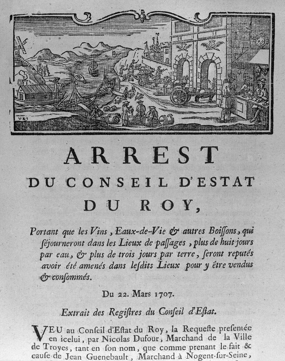 Skattekontor ved indgangen til en by for vin og spiritus, dekret fra statsrådet 22. marts 1707, fra registre for statsrådet i Paris, 1739 (se 163952 for af French School