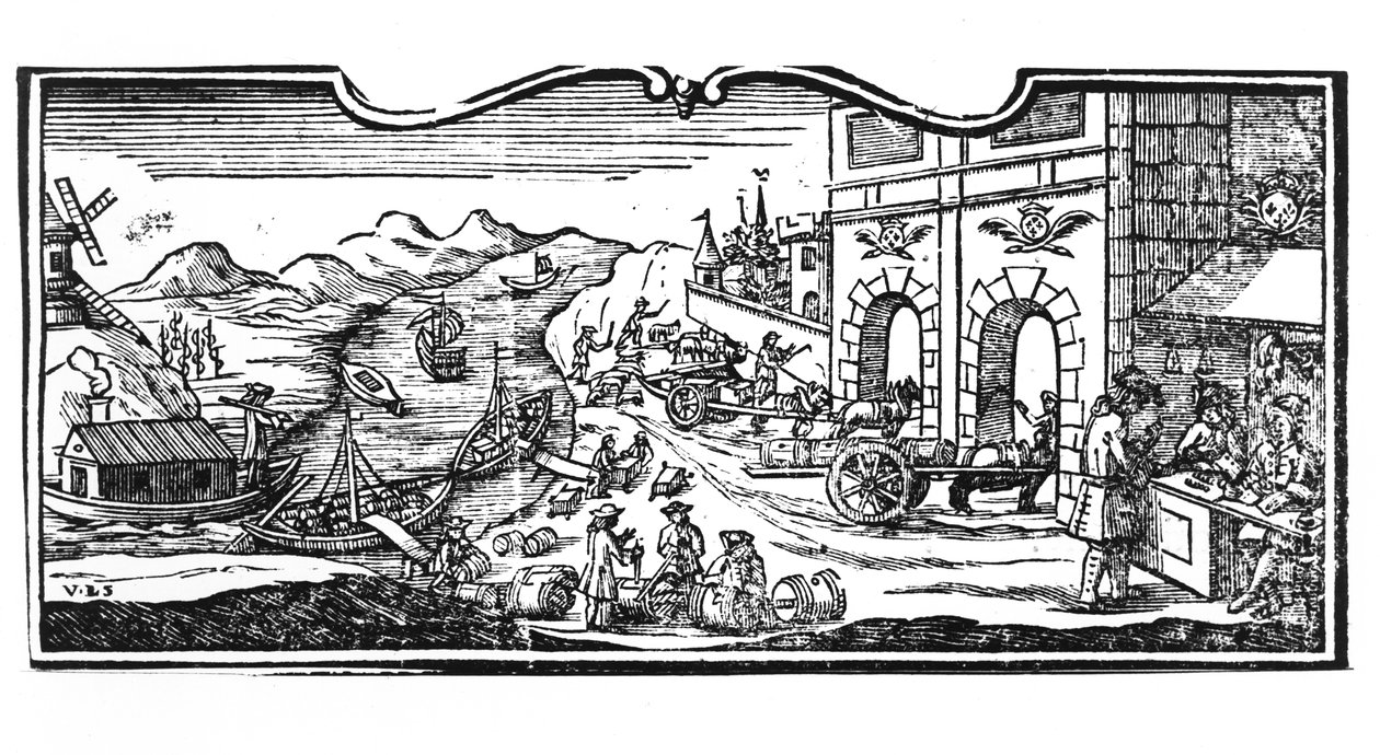 Skattekontor ved indgangen til en by for vin og spiritus, dekret fra statsrådet 22. marts 1707, fra registre for statsrådet i Paris, 1739 (detaljer) (se en af French School