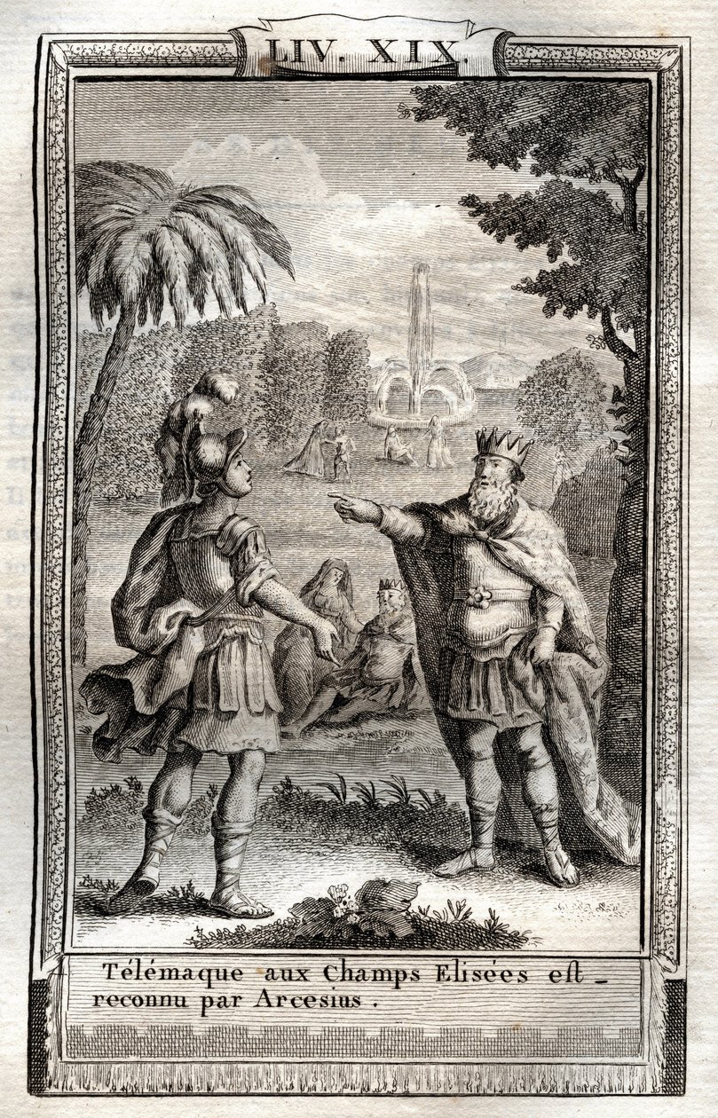 At Telemaque er på Champs Elisees er anerkendt af Arcesius - indgravering af 1798 efter Monnet i "Les Aventures de Telemaque, fils d