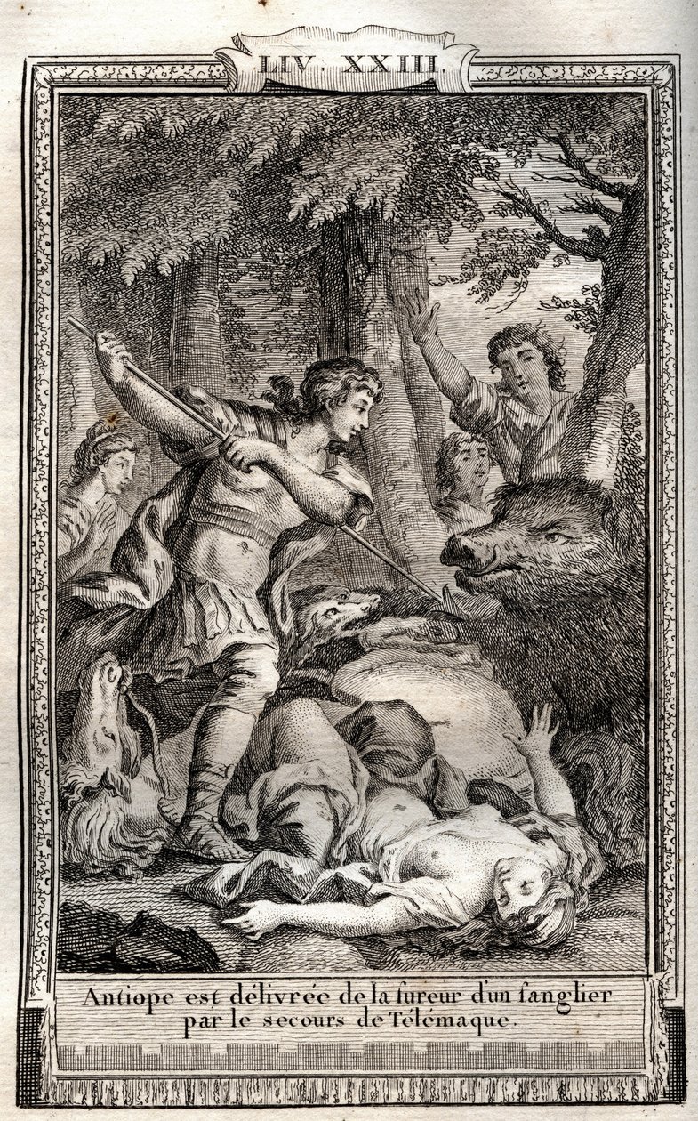Telemaque leverer Antiope fra et vildsvin - indgravering af 1798 af Monnet i "Les Aventures de Telemaque, fils d