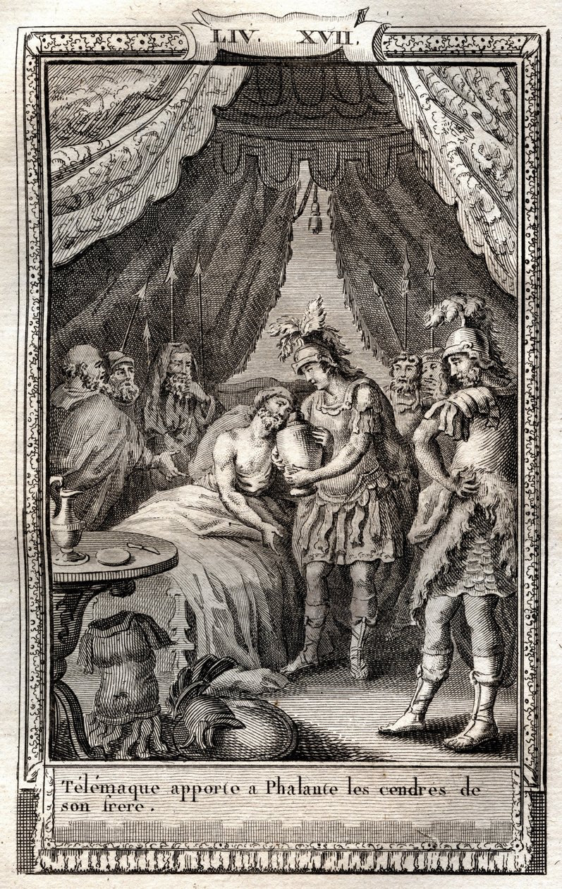 Telemaque tager sig af Phalantes sår og bringer ham sin brors aske - indgravering af 1798 efter Monnet i "Les Aventures de Telemaque, fils d