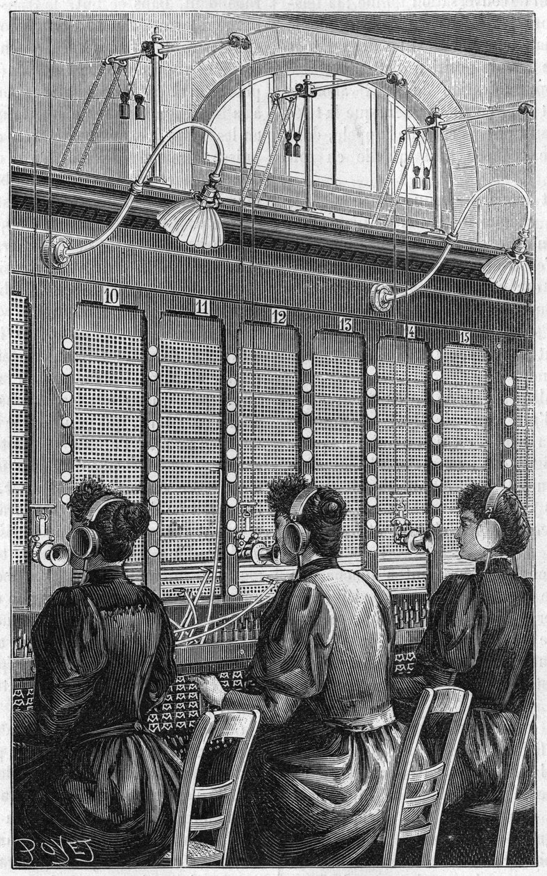 Telefonkontor (central telefoni - standard telefoni) i rue Gutenberg i Paris i 1895. Flere bordsektion med 240 abonnenter betjent af 3 telefonister. af French School