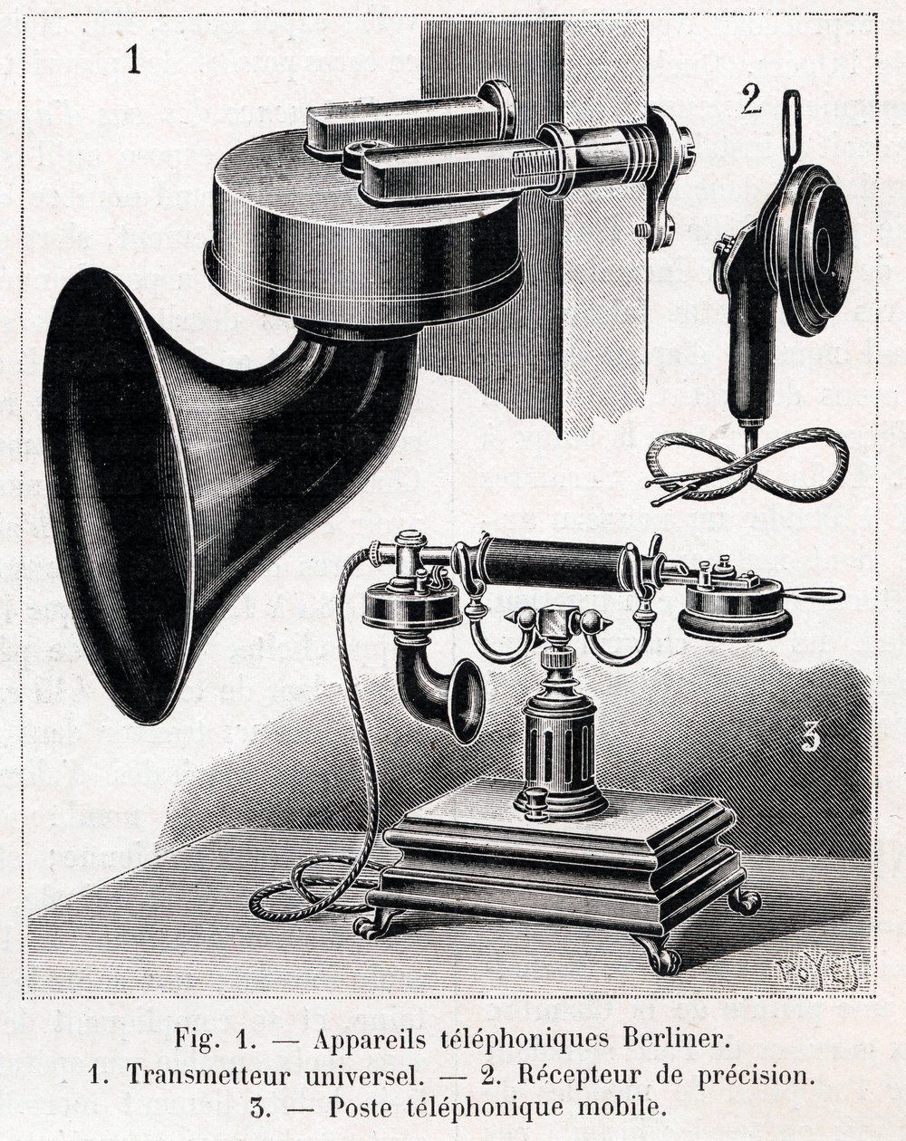Telefonapparat - Berliner System - indgravering i "" La nature"" fra 1902 af French School