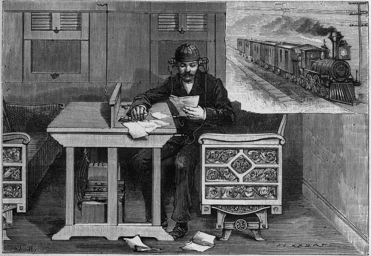 Telefonisk kommunikation af kørende tog, Thomas Edison-system (1847-1931): en medarbejder udstyret med telefonapparater, der modtager en tale inde i en kørende bil. Indgravering i "" La Nature. Revue des sciences et de ses applications aux arts et a l