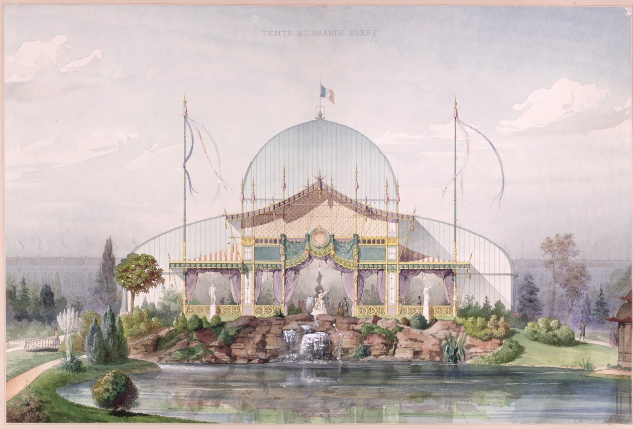 Telt og stort drivhus i universaludstillingens have i Paris i 1867 (akvarel på papir) af French School