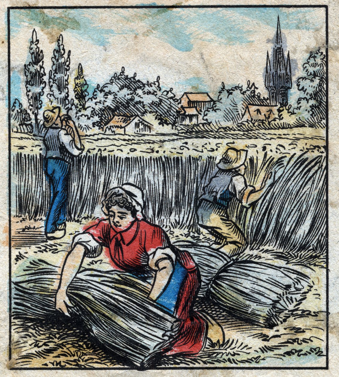 Tekstil, hør: landbrug. Samler linned, der er samlet i en støvle for at blive tør. Gravering. Epinal billeddannelse sidst i det 19. århundrede. af French School