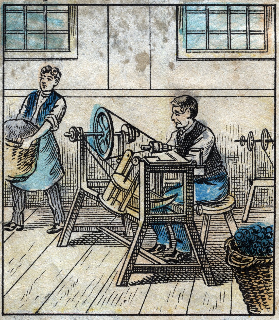 Tekstil, linned: værksted. Sytråden lægges ud på kort eller ruller i en kugle. Gravering. Epinal billeddannelse sidst i det 19. århundrede. af French School