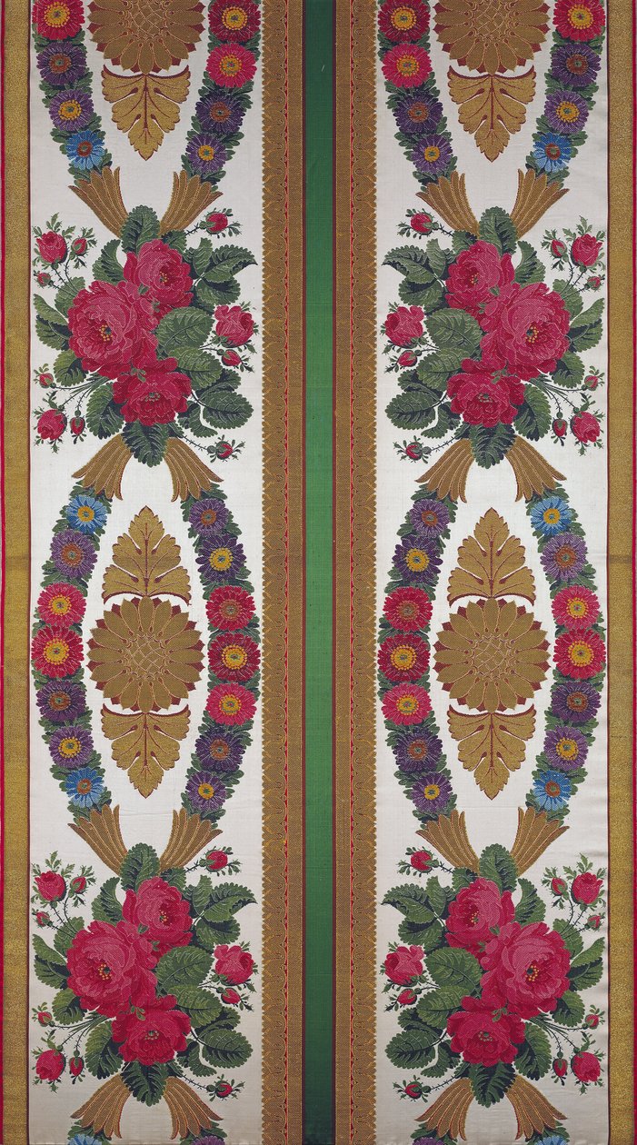 Tekstil med guirlander af tusindfryd og buketter af roser af Cousin og Bony, Bissardon, Lyon, 1811 (broderet satin) af French School